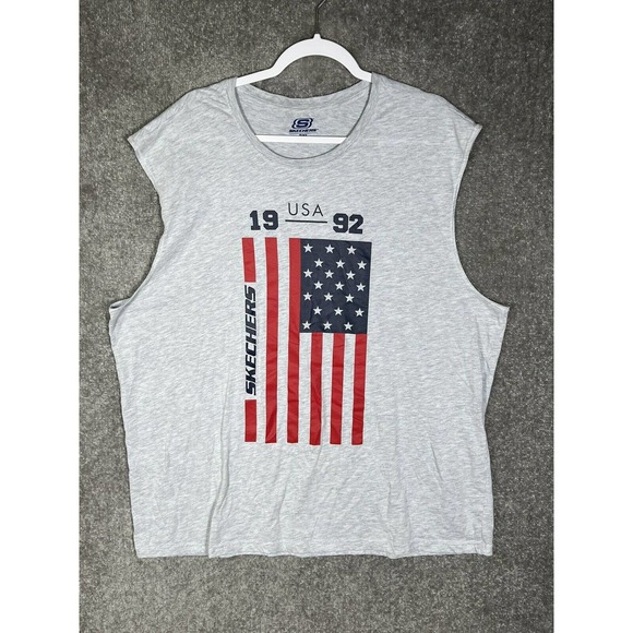 Vintage Skechers 1992‎ USA Flag Muscle Tee T-Shirt Mens Size 2XL Gray Sleeveless - Picture 1 of 6